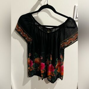100% Silk Floral & Black Sheer Blouse